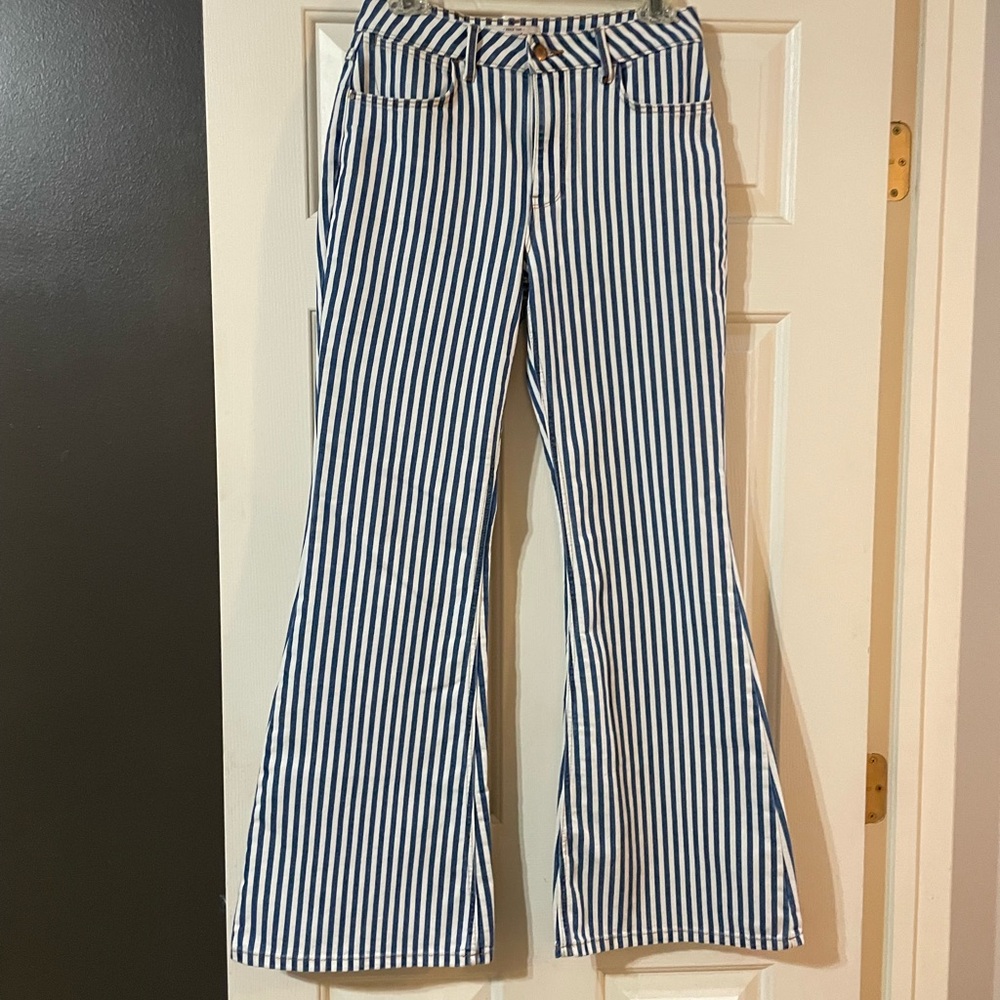 Blue and White Striped Flare Wranglers